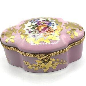Vintage Limoges France Pink Porcelain Trinket Box Gold Gilt Floral